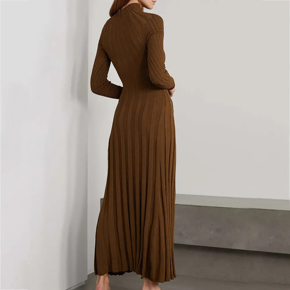 Custom knitwear mufacturers Brown Rib Knit Turtleneck Maxi Dress Winter Long sleeve Pleated dress Sweater Dress women Clothing