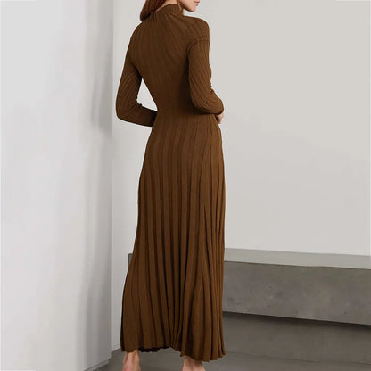 Custom knitwear mufacturers Brown Rib Knit Turtleneck Maxi Dress Winter Long sleeve Pleated dress Sweater Dress women Clothing