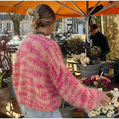 Custom chunky knit oversized Cardigan sweater women lady loose knitwear cropped long lantern sleeve cardigan for women