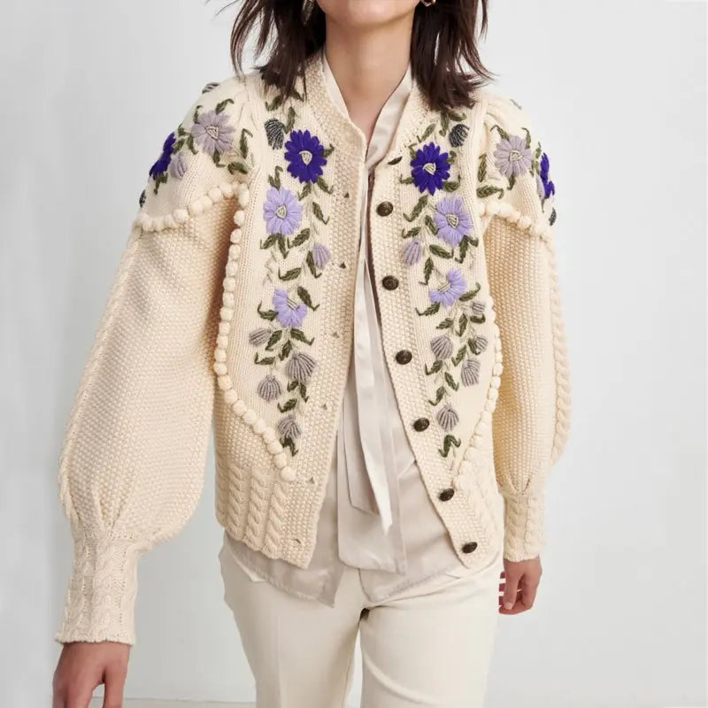 Custom Knit Sweater - Winter Loose Tricot Jacquard Cardigan with Hand Embroidery for Women, Vintage Knitwear