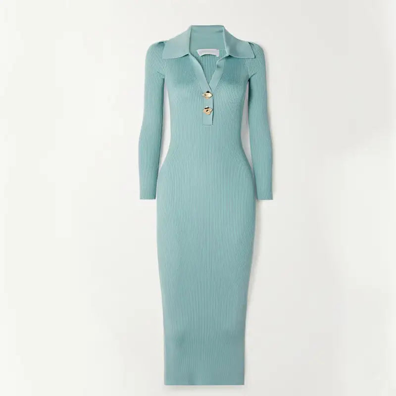 2025 Custom Knit Sweater Dress – Fall & Winter Polo Collar V-neck Long Sleeve Oversized Ribbed Knit Dress for Women