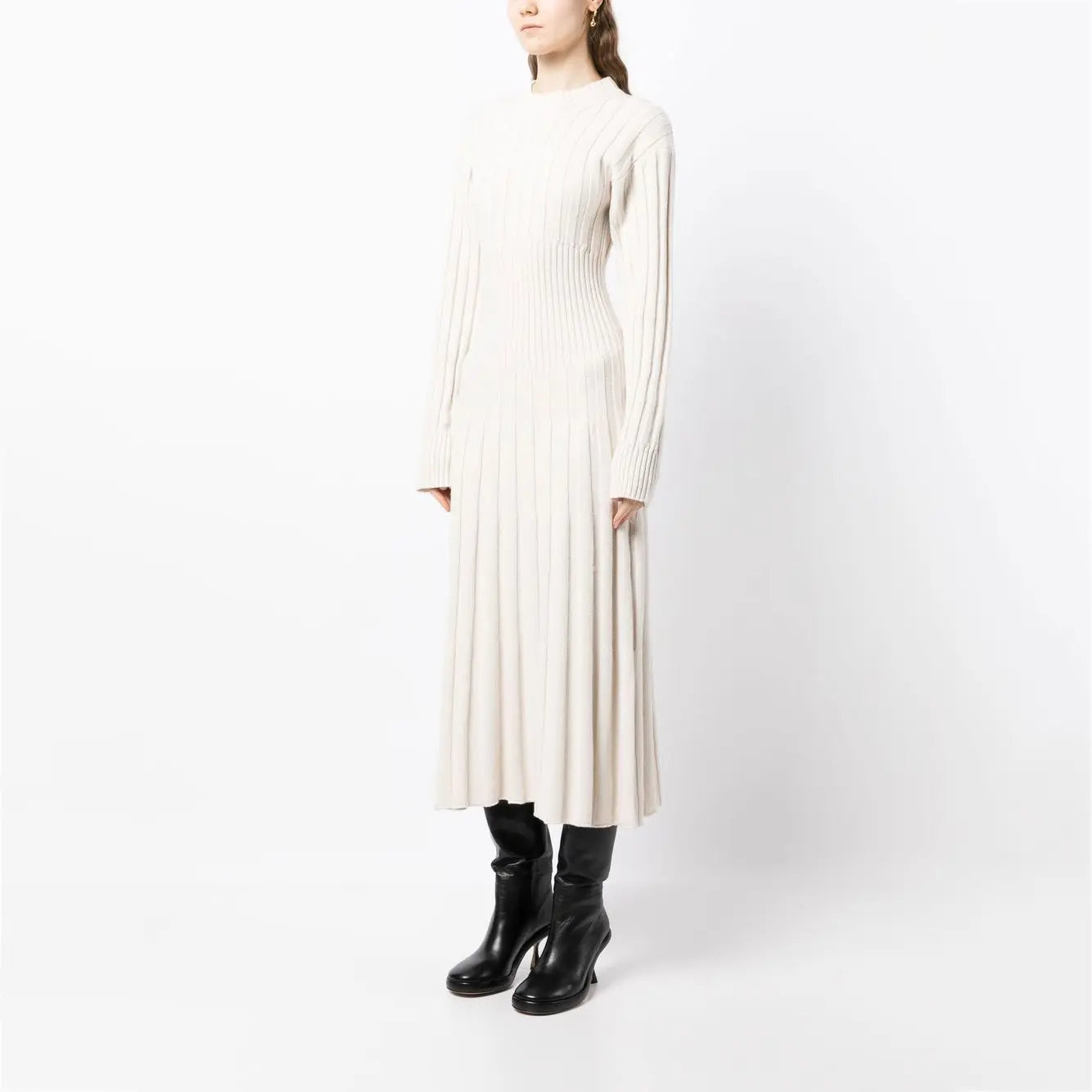 Knitwear Manufacturer Custom Knit Sweater dresses women lady elegant Long Sleeve Maxi White Ribbed Knit Sweater Dress Women