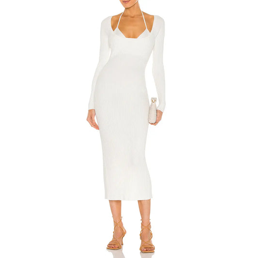 Factory Custom Summer white round neck elegant knitted dress slim women rib sweater casual dress