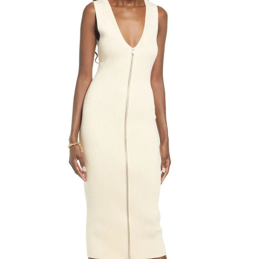 Cotton Dress Women Custom Design Sleeveless Knitted Dresses Zip-Up Sweater Midi Dress