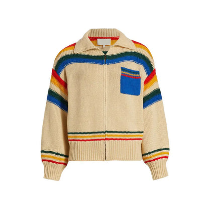 Winter Clothes Custom classic lapel contrast color striped zipper open chest knitted women's cardigans long sleeve girls sweater
