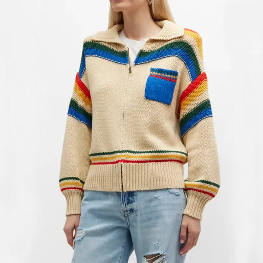 Winter Clothes Custom classic lapel contrast color striped zipper open chest knitted women's cardigans long sleeve girls sweater
