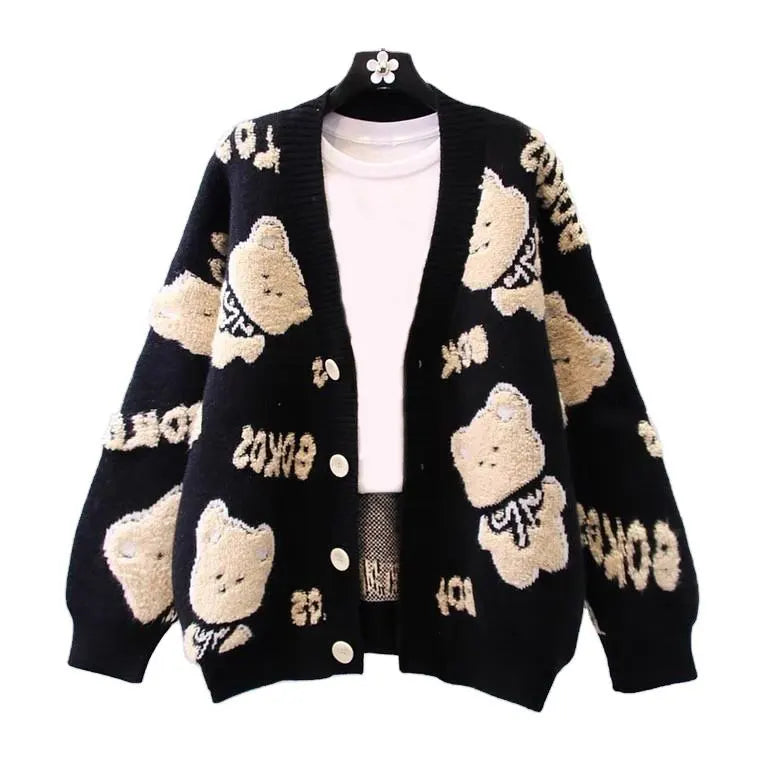 Custom Knit Sweater - Retro Cartoon Jacquard Knitwear, Women's Long Sleeve Cardigan for Winter