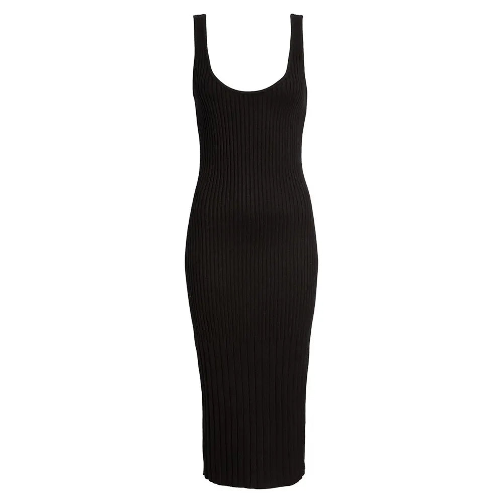 Custom knit dress ladies knitwear solid ribbed knit maxi bodycon long dress sleeveless casual women knit sweater dress