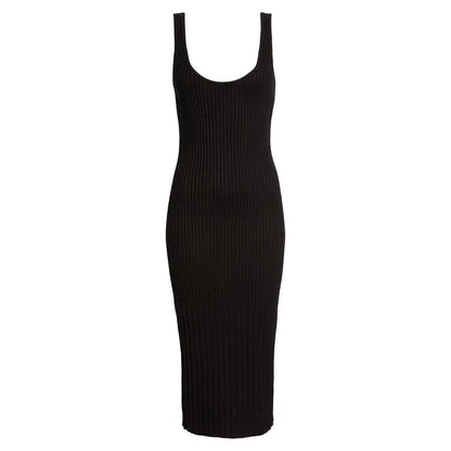Custom knit dress ladies knitwear solid ribbed knit maxi bodycon long dress sleeveless casual women knit sweater dress