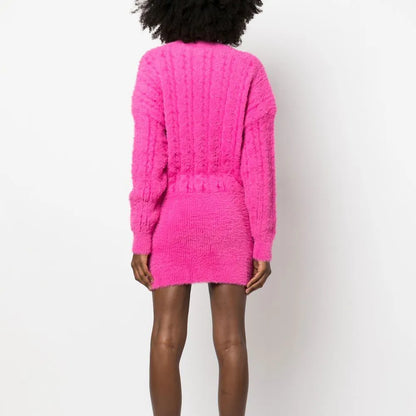 Winter High Quality Custom pink fuzzy sweater dress V Neck Sexy Knitted Long Sleeve Mini Sweater Dress for Women