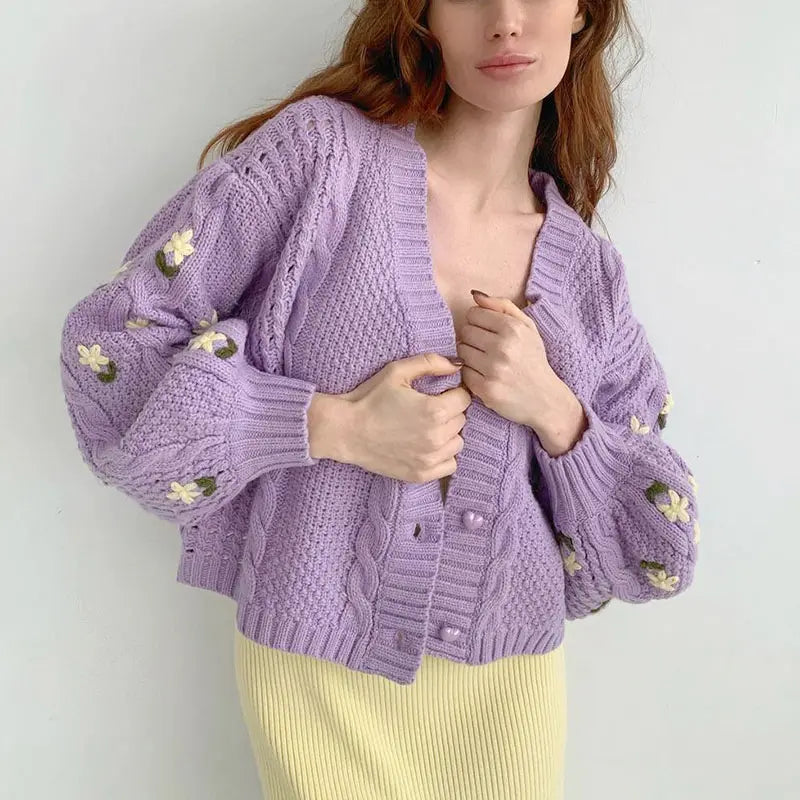 Chic Flower Knitted Cardigan – Women’s V-neck Long Sleeve Loose Sweater Coat, Korean Fashion Top