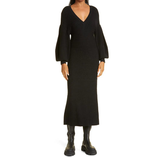 Custom Knitwear ladies elegant Rib Knit dress puff long sleeve formal dress casual Womens Sweater Dress Clothing for women