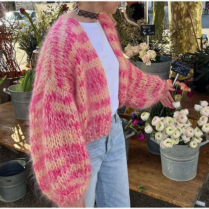 Custom chunky knit oversized Cardigan sweater women lady loose knitwear cropped long lantern sleeve cardigan for women