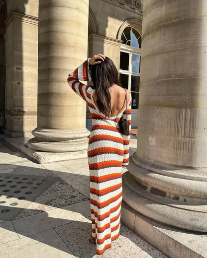 Summer Knitted Stripe Women Sexy Beach Maxi Dress Y2k Evening Party Flare Sleeve Bodycon Long sweater dress women clothing