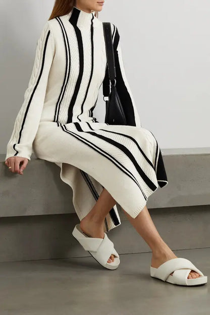 Knitwear manufacturer custom contrast color stripe high neck long sleeve split long women maxi casual sweater knit dress