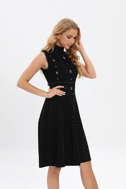 Knitwear manufacturers Custom designer sleeveless knit Beading Bandage halter Mini Black Evening Party knit dress women sweater