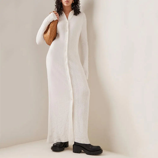 Custom knit dress manufacturer fall winter white turn-down collar long sleeved button maxi knit women's sweater dress