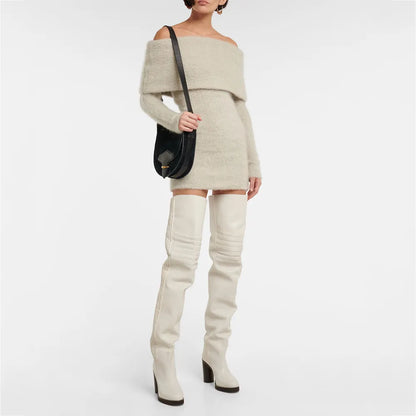 Custom knit mohair sweater dress ladies off shoulder midi knitted casual long sleeve dress women sweater dress