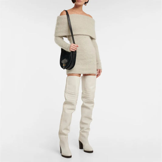Custom knit mohair sweater dress ladies off shoulder midi knitted casual long sleeve dress women sweater dress