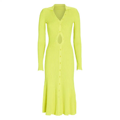 Factory Custom fall yellow v neck long sleeve cutout western dress for female women casual rib knit sweater dress