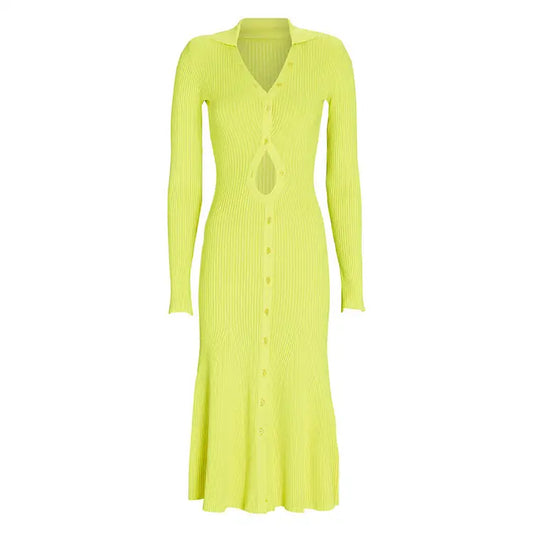 Factory Custom fall yellow v neck long sleeve cutout western dress for female women casual rib knit sweater dress