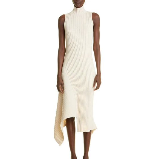 Custom Asymmetric Knit Cotton Dress for Women – Sleeveless Maxi Long Ribbed Knitted Luxury Sweater Dress