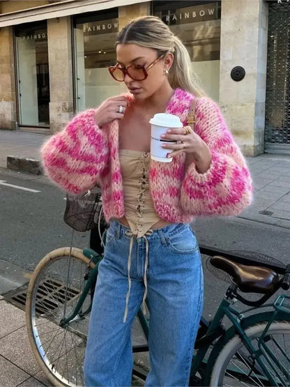 Autumn Fashion Casual Streetwear Pink Striped Long Lantern Sleeves Loose Mohair Crochet Short knit Cardigan Women's Sweater