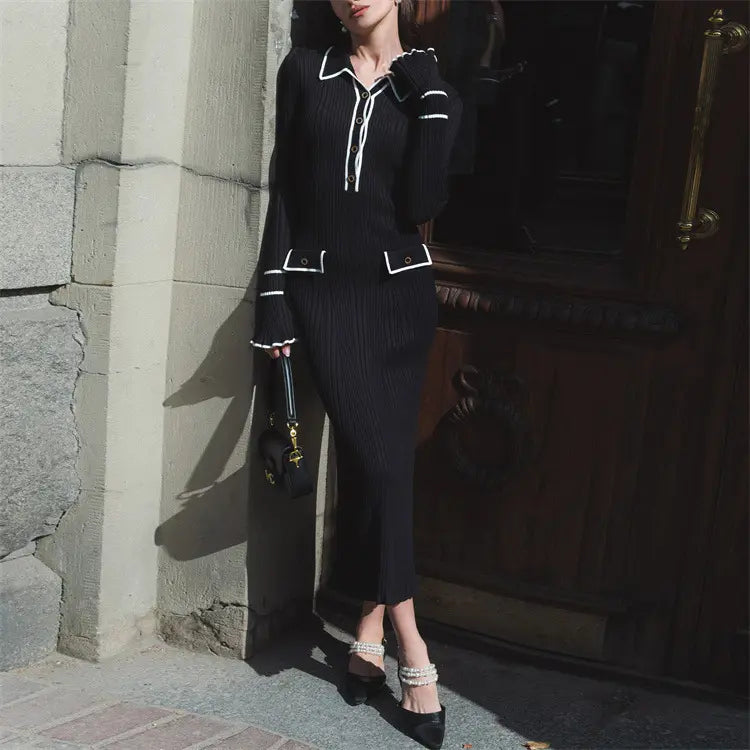 Button Lapel Slim Fit Knitted Women's Long Sleeve Turn-down Collar Sweater Dress Button Rib Slim Ruffles Elegant Maxi Dress