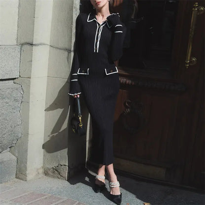 Button Lapel Slim Fit Knitted Women's Long Sleeve Turn-down Collar Sweater Dress Button Rib Slim Ruffles Elegant Maxi Dress