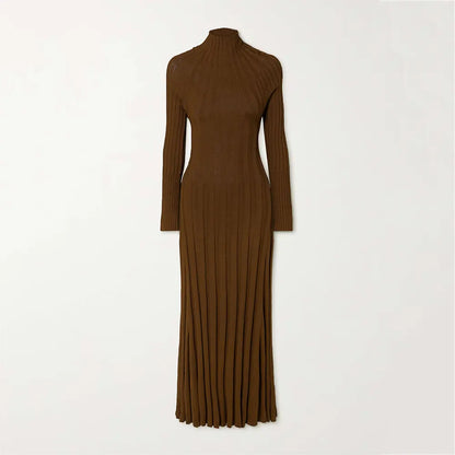Custom knitwear mufacturers Brown Rib Knit Turtleneck Maxi Dress Winter Long sleeve Pleated dress Sweater Dress women Clothing