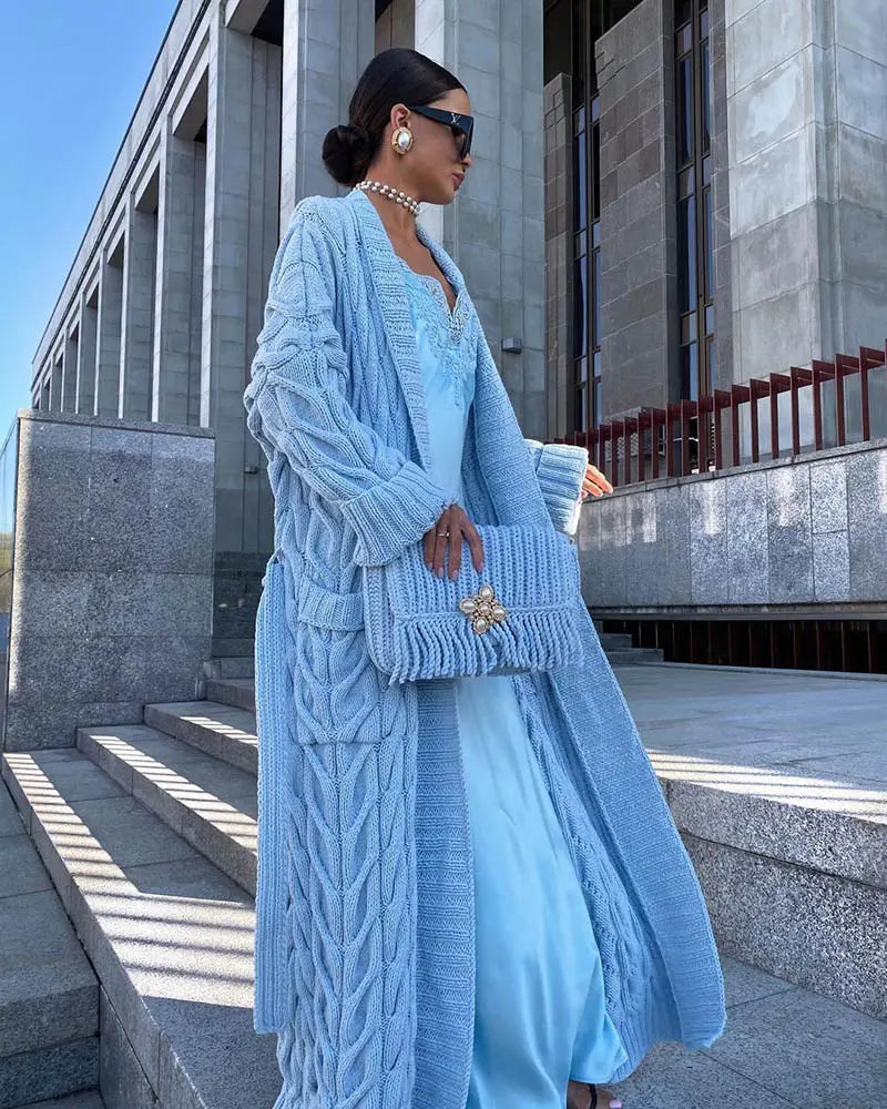 Winter Fashion Atmosphere Long Sleeve Loose Chunky Knitted Bandage Plus Size Extra oversized thick Long Cardigan Sweater Women