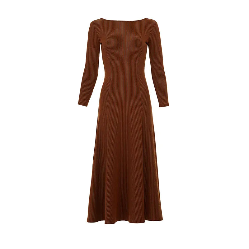 Knitwear manufacturers custom brown round necked long sleeved ribbed knitted luxury women's sweater dress clothing