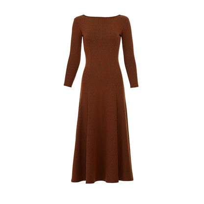 Knitwear manufacturers custom brown round necked long sleeved ribbed knitted luxury women's sweater dress clothing