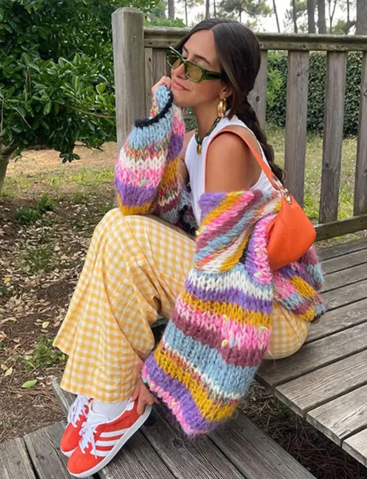 Autumn Fashion Casual Streetwear Pink Striped Long Lantern Sleeves Loose Mohair Crochet Short knit Cardigan Women's Sweater