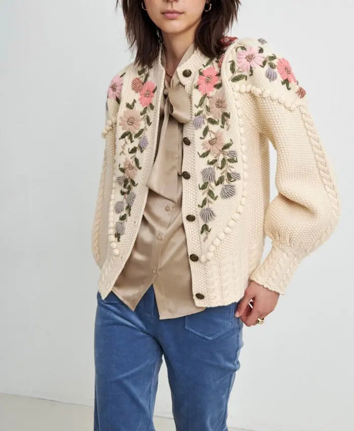 Custom Knit Sweater - Winter Loose Tricot Jacquard Cardigan with Hand Embroidery for Women, Vintage Knitwear