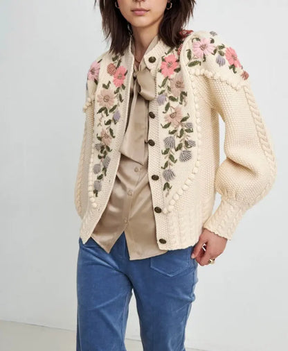 Custom Knit Sweater - Winter Loose Tricot Jacquard Cardigan with Hand Embroidery for Women, Vintage Knitwear