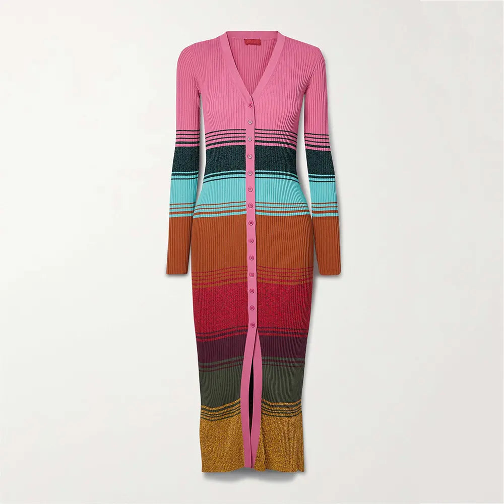 Custom Y2K casual ribbed knitted dresses sling striped maxi long sweater dress cardigan women clothing
