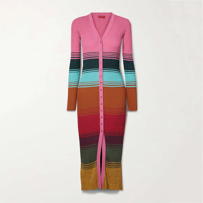 Custom Y2K casual ribbed knitted dresses sling striped maxi long sweater dress cardigan women clothing