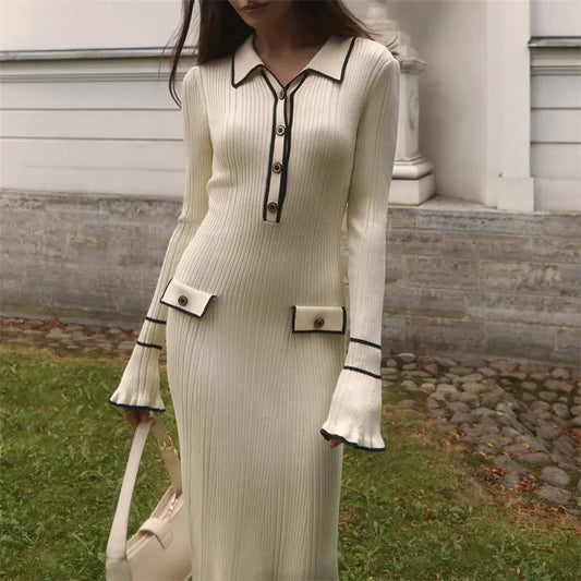 Button Lapel Slim Fit Knitted Women's Long Sleeve Turn-down Collar Sweater Dress Button Rib Slim Ruffles Elegant Maxi Dress