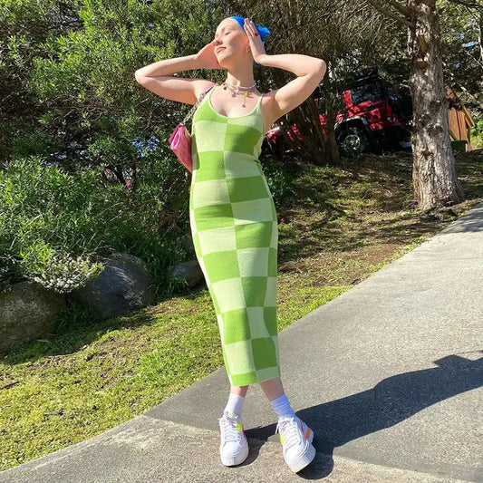 Custom Y2K summer casual checkerboard sweater bodycon dresses sling knitted long maxi dress women clothing