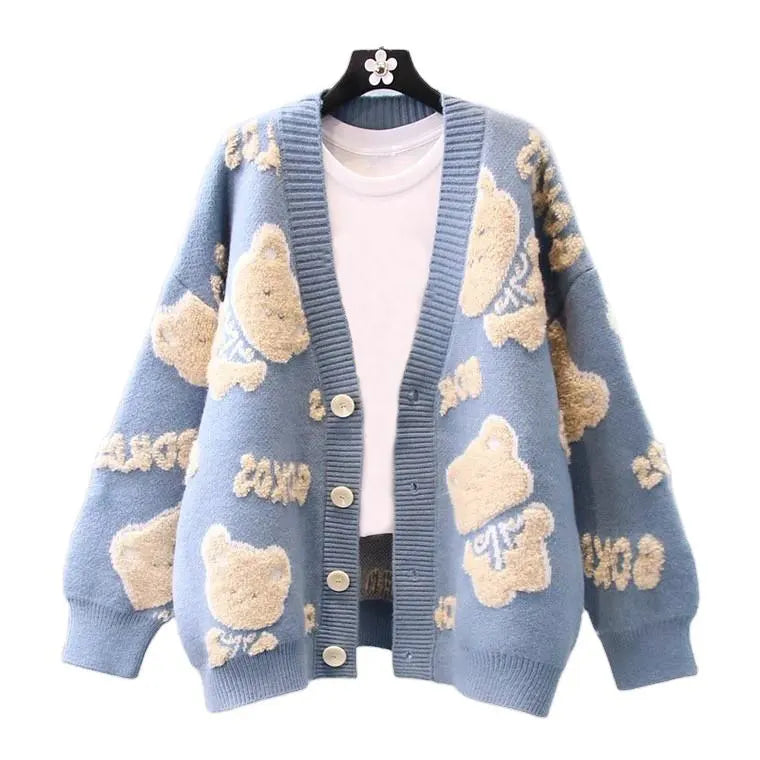 Custom Knit Sweater - Retro Cartoon Jacquard Knitwear, Women's Long Sleeve Cardigan for Winter