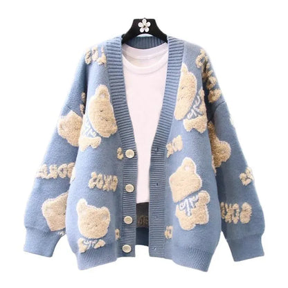 Custom Knit Sweater - Retro Cartoon Jacquard Knitwear, Women's Long Sleeve Cardigan for Winter
