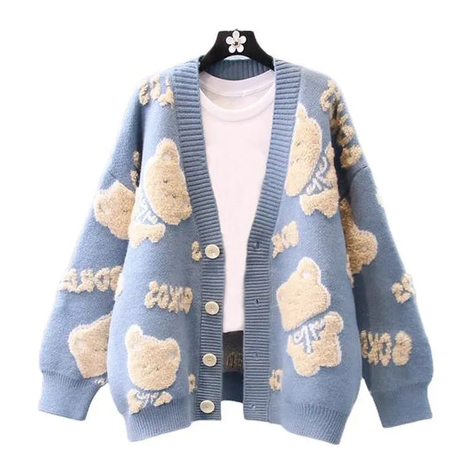 Custom Knit Sweater - Retro Cartoon Jacquard Knitwear, Women's Long Sleeve Cardigan for Winter