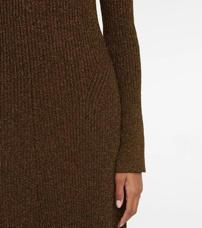 Knitwear manufacturer Custom OEM & ODM women Metallic ribbed knit sweater dress winter warm long sleeve sweater dress
