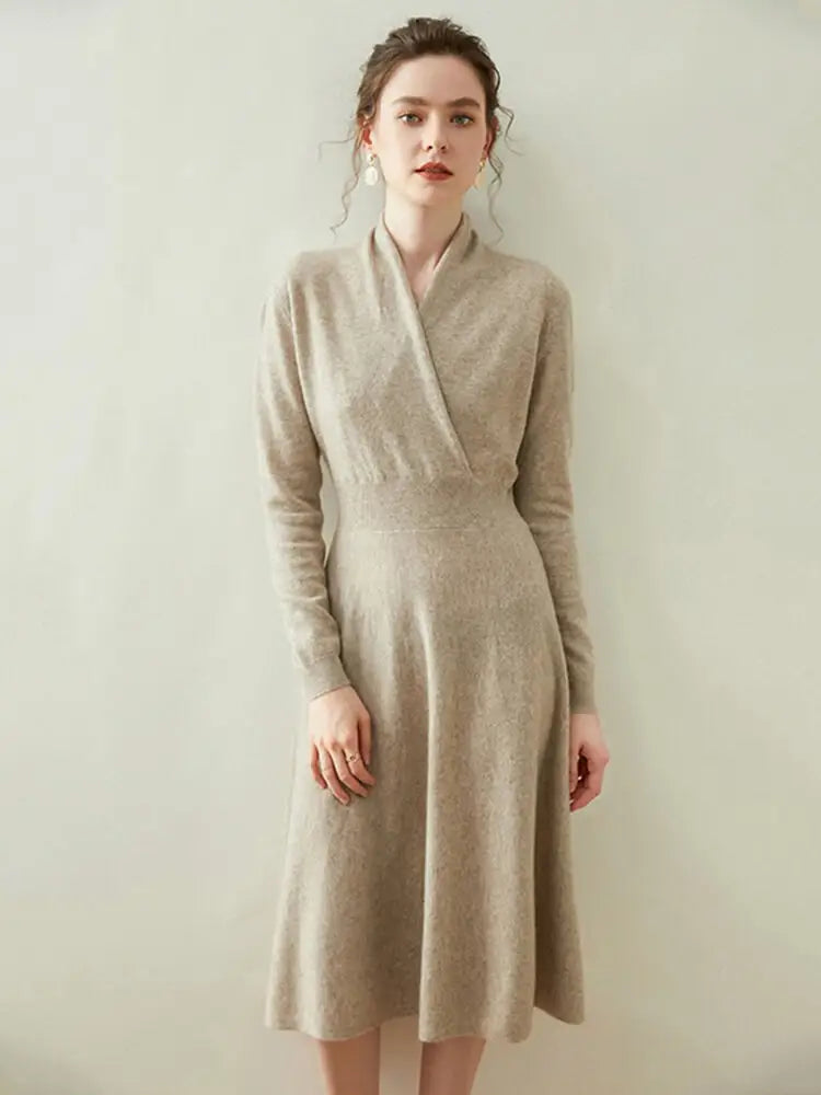 Wholesale Winter Long Sleeve Knit Dress French Style Custom Fall Elegant Casual Long Autumn Women Cashmere Sweater Dresses
