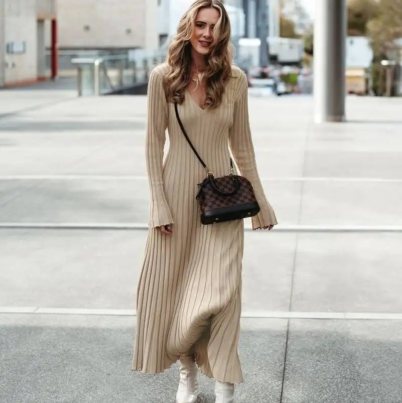 Custom Elegant women Rib knit maxi long dress solid color fashion winter knitwear long sleeve dress women casual sweater dress