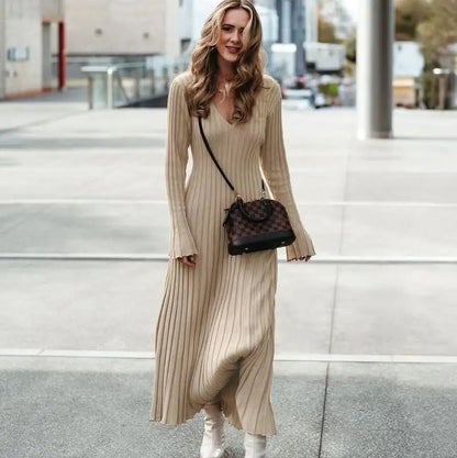 Custom Elegant women Rib knit maxi long dress solid color fashion winter knitwear long sleeve dress women casual sweater dress