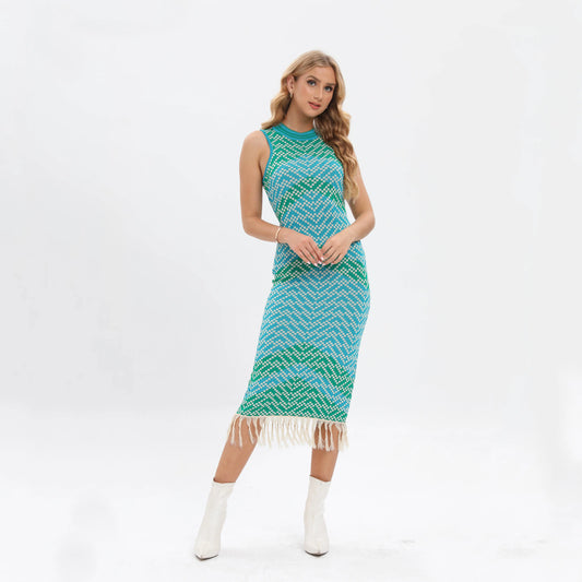 Custom Logo luxury tassel long maxi sweater dress sleeveless fringe knitted sweater women's clothing elegant dress