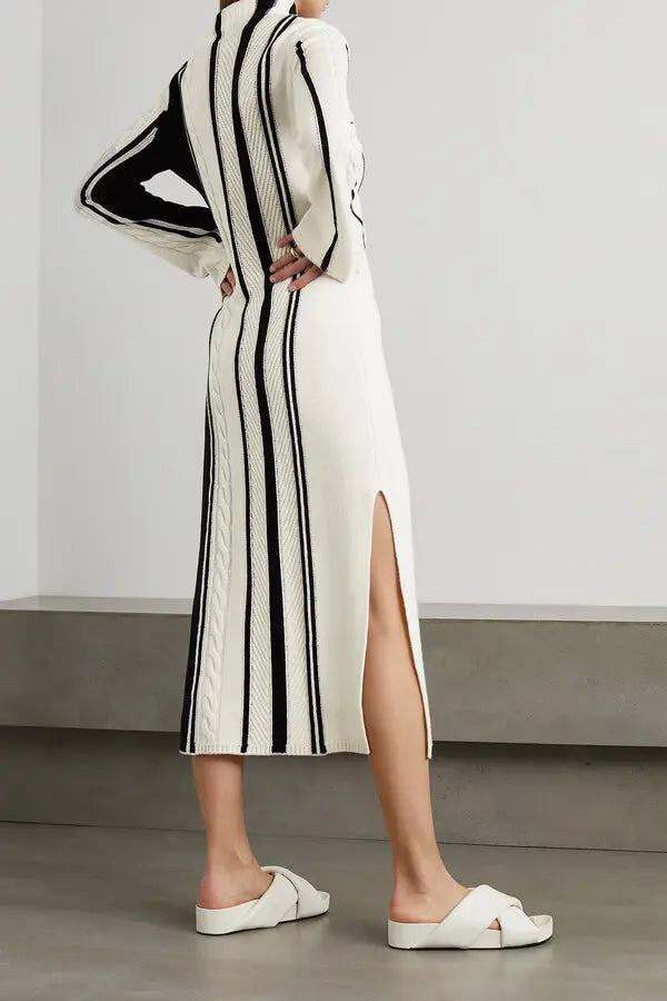 Knitwear manufacturer custom contrast color stripe high neck long sleeve split long women maxi casual sweater knit dress