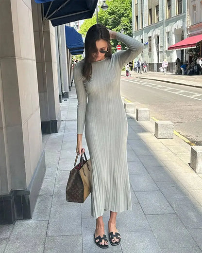 Knitwear manufacturer Custom Long Sleeve Crew neck sweater Robe ladies Rib knit Pit Strip Slim Elegant Women Casual Maxi Dress